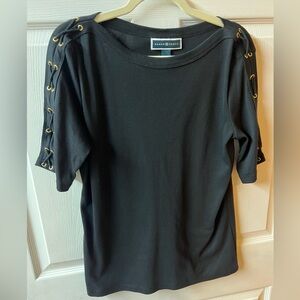 Karen Scott Black Short Sleeve Top with Lace-Up Detail